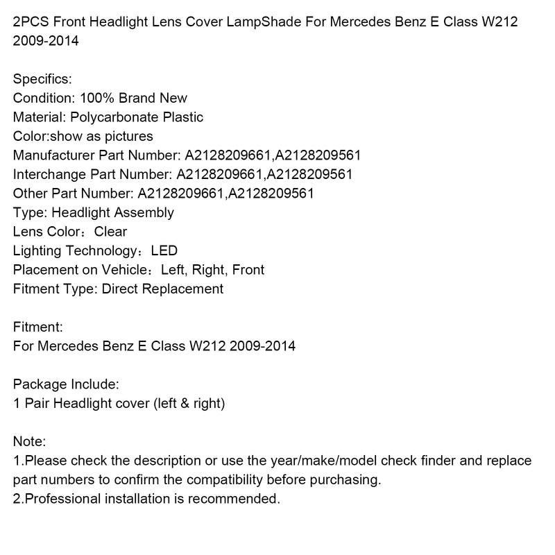 2PCS Front Headlight Glass Clear Cover For Mercedes Benz E-Class W212 2009-2014