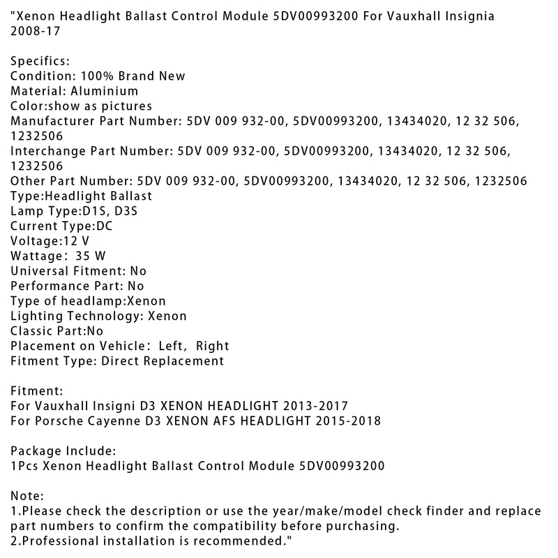Xenon Headlight Ballast Control Module 5DV00993200 For Vauxhall Insignia 2008-17