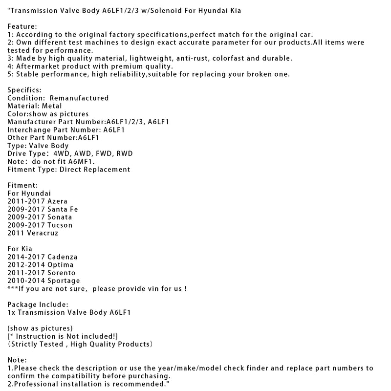 Transmission Valve Body A6LF1/2/3 w/Solenoid For Hyundai Kia