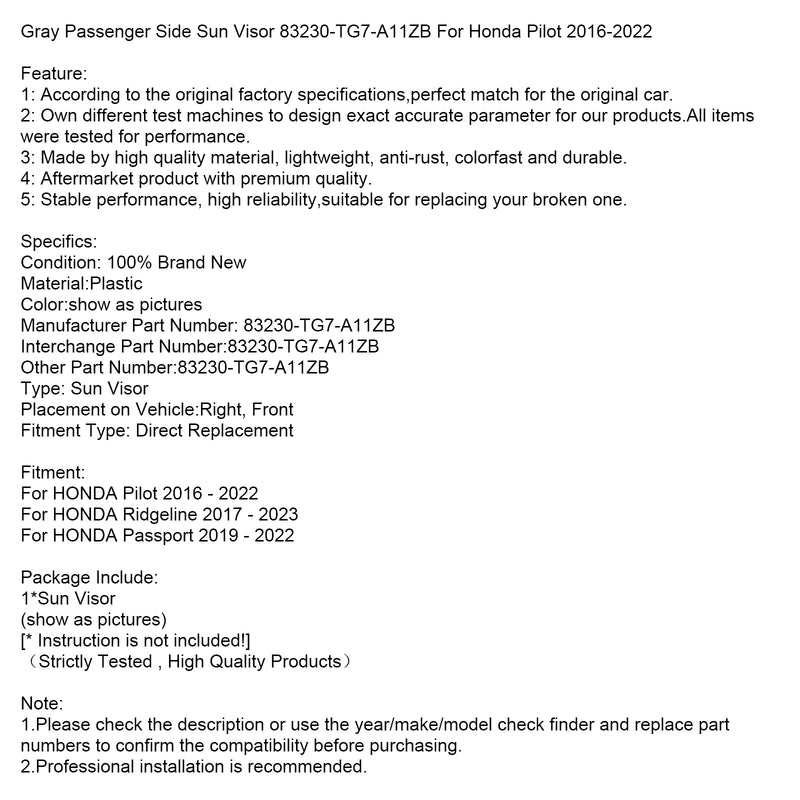 Gray Right Side Sun Visor 83230-TG7-A11ZB For Honda Pilot 2016-2022