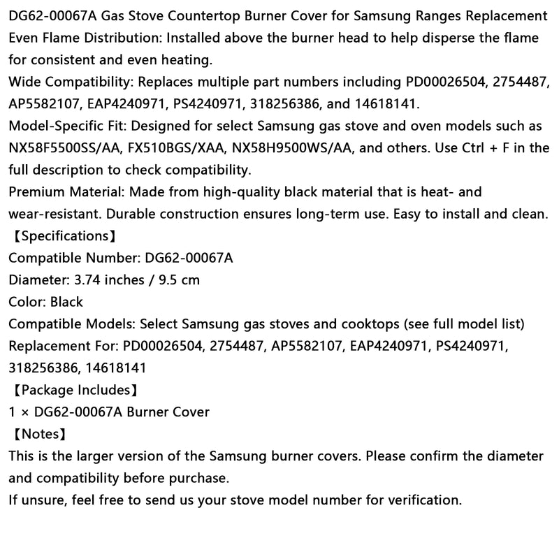 DG62-00067A Gas Stove Countertop Burner Cover for Samsung Ranges Replacement