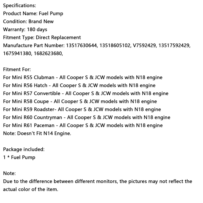 High Pressure Fuel Pump 13517592429 Fit Mini R55 Clubman All Cooper S & JCW models with N18 engine
