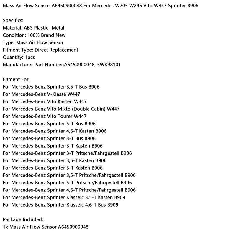 Mass Air Flow Sensor A6450900048 For Mercedes W205 W246 Vito W447 Sprinter B906