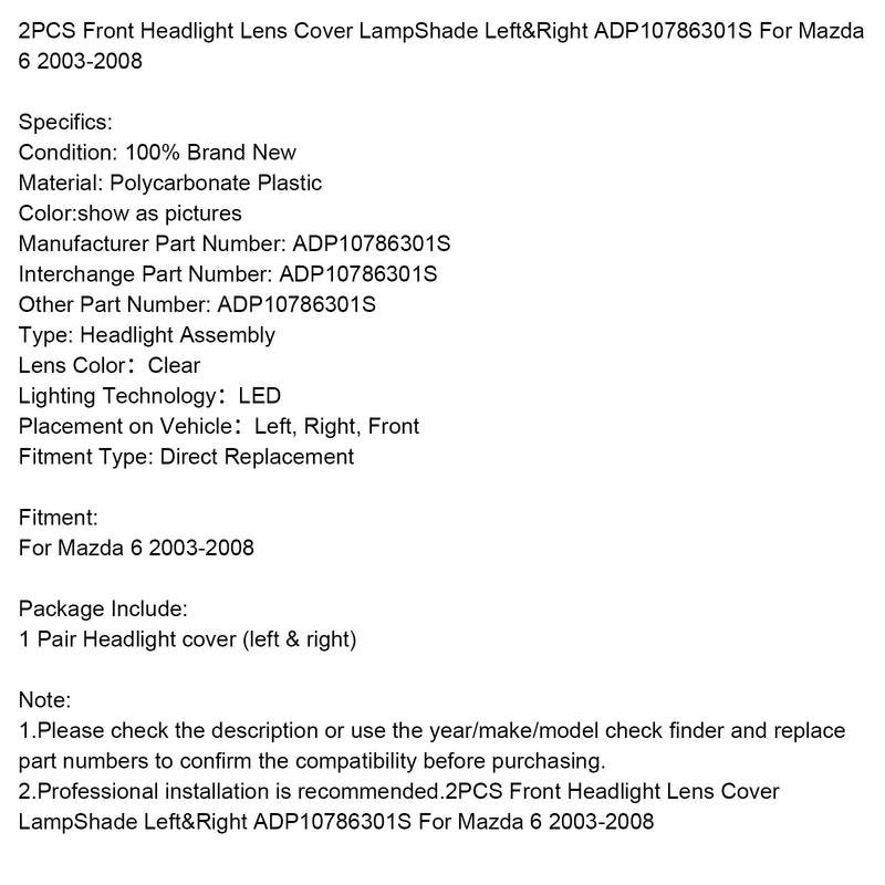2PCS Front Headlight Lens Cover LampShade L&R ADP10786301S For Mazda 6 2003-2008