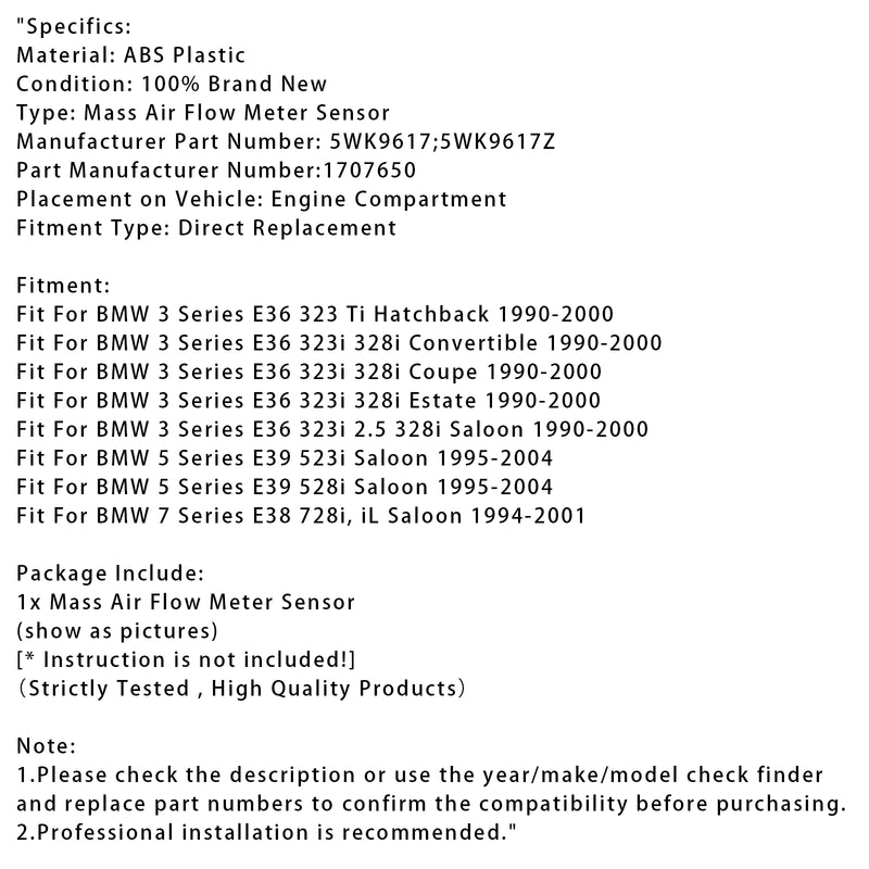 Mass Air Flow Meter Sensor For BMW E36 323i 328i E39 528i 5WK9617