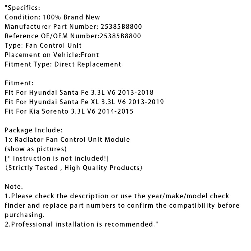 Radiator Fan Control Module For Hyundai Santa Fe 3.3L 13-19 25385B8800
