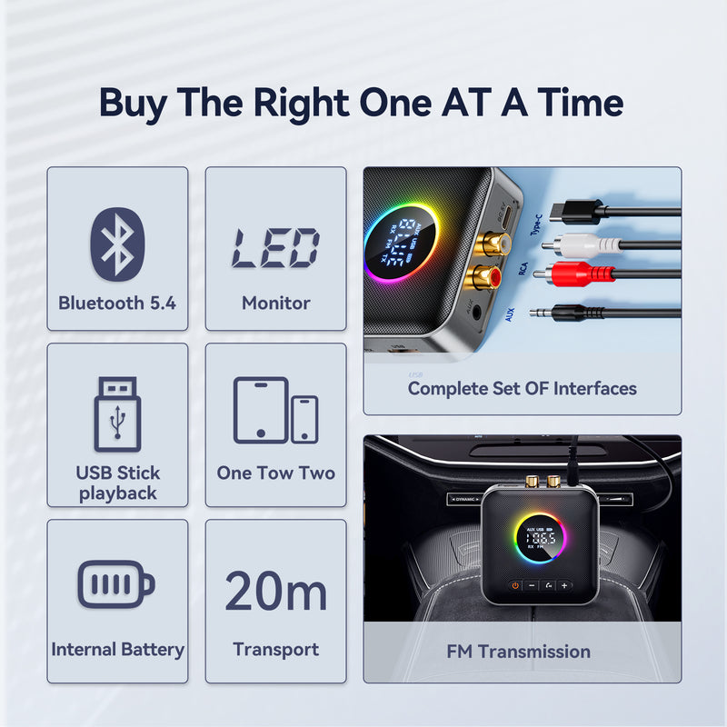 5.4 Bluetooth Receiver Audio Adapter FM Transmitter Lossless U Disk One to Two