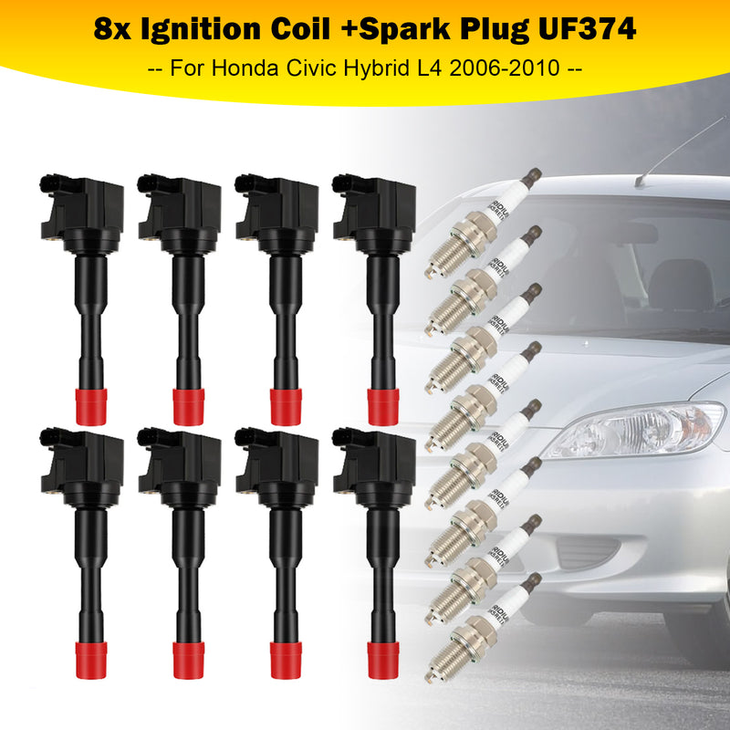 8x Ignition Coil +Spark Plug UF374 For Honda Civic Hybrid L4 2006-2010