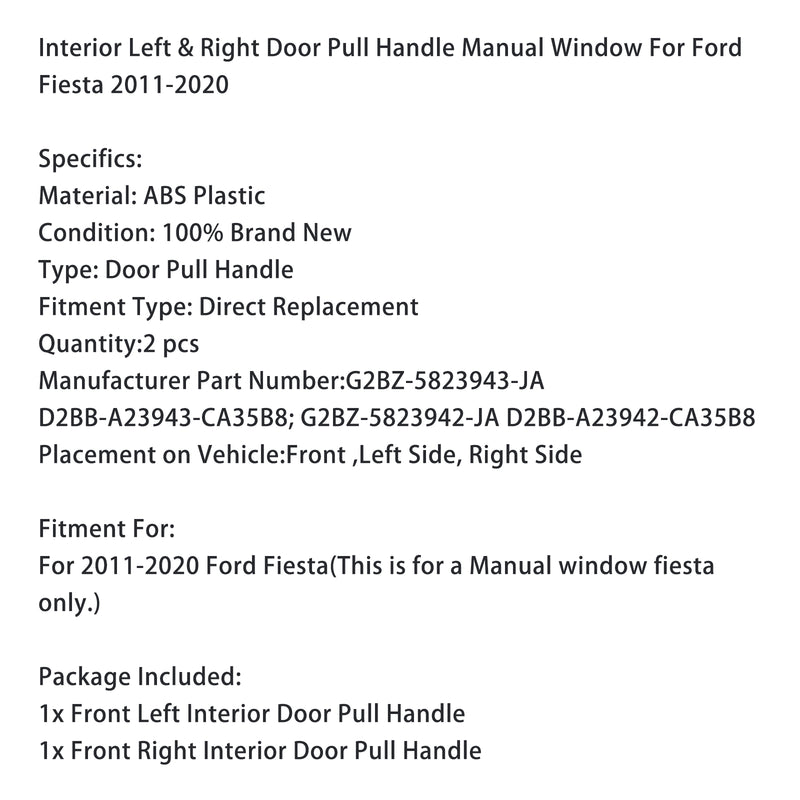 Interior Left & Right Door Pull Handle Manual Window For Ford Fiesta 2011-2020