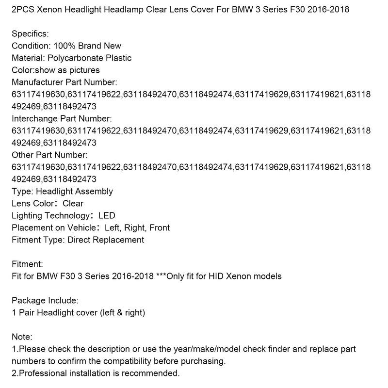 2PCS Xenon Headlight Headlamp Clear Lens Cover For BMW 3 Series F30 2016-2018