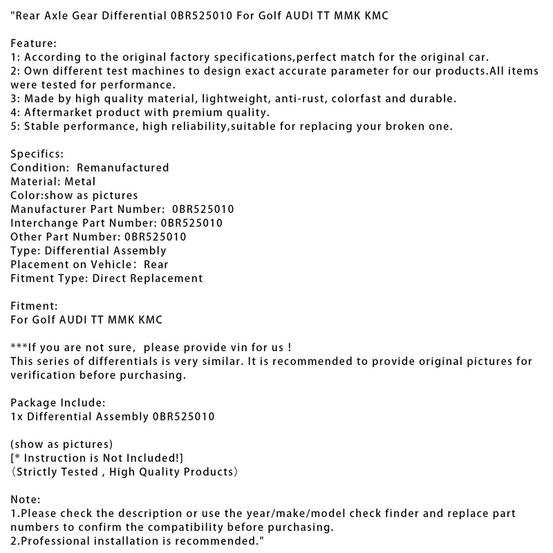 Rear Axle Gear Differential 0BR525010 For Golf AUDI TT MMK KMC