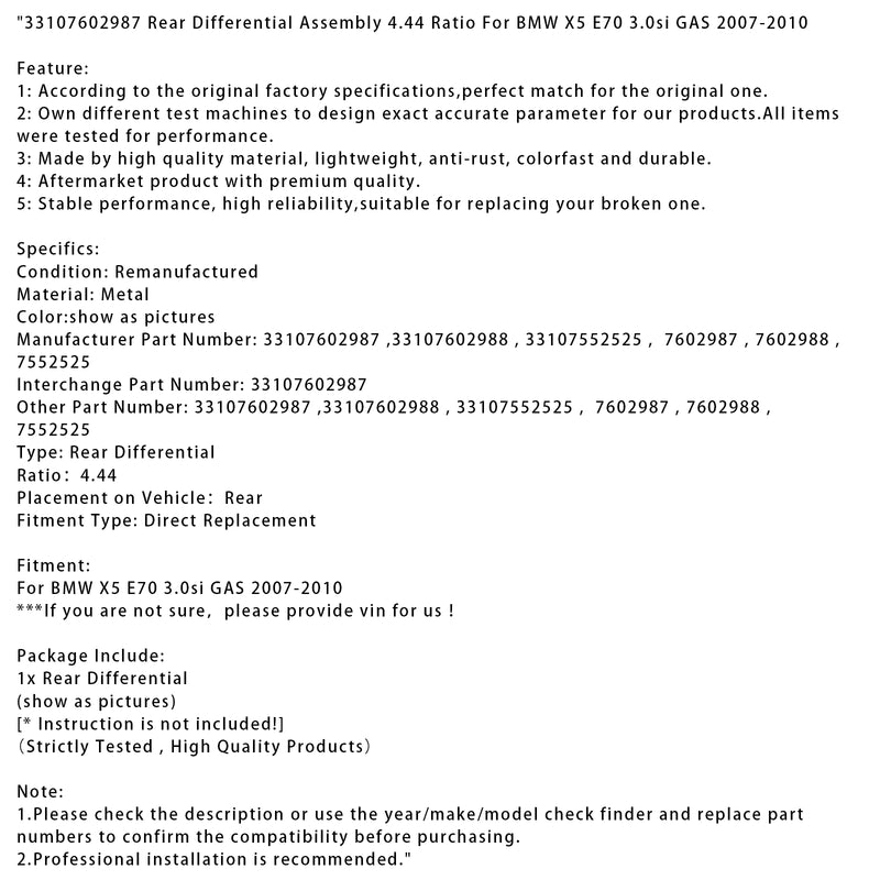 33107602987 Rear Differential Assembly 4.44 Ratio For BMW X5 E70 3.0si GAS 07-10