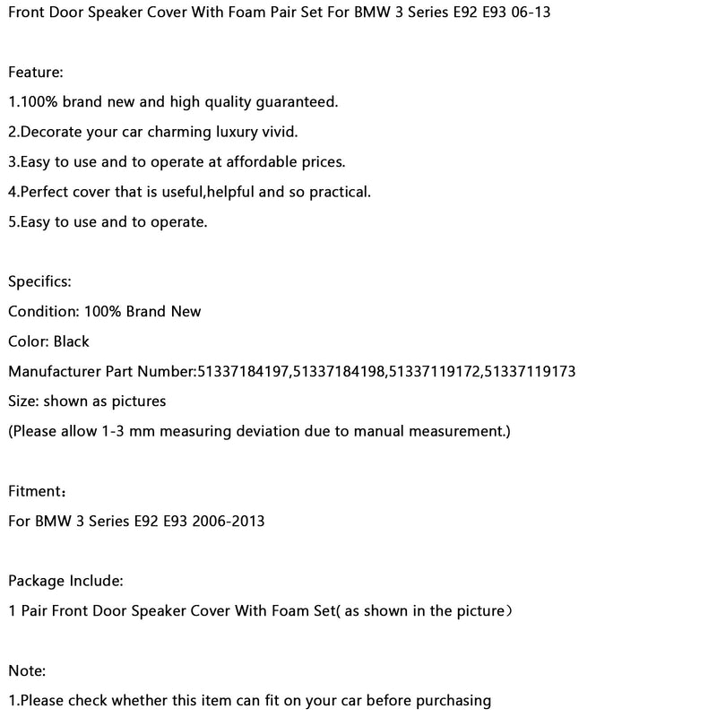 Front Door Speaker Cover With Foam Pair Set For BMW 3 Series E92 E93 06-13