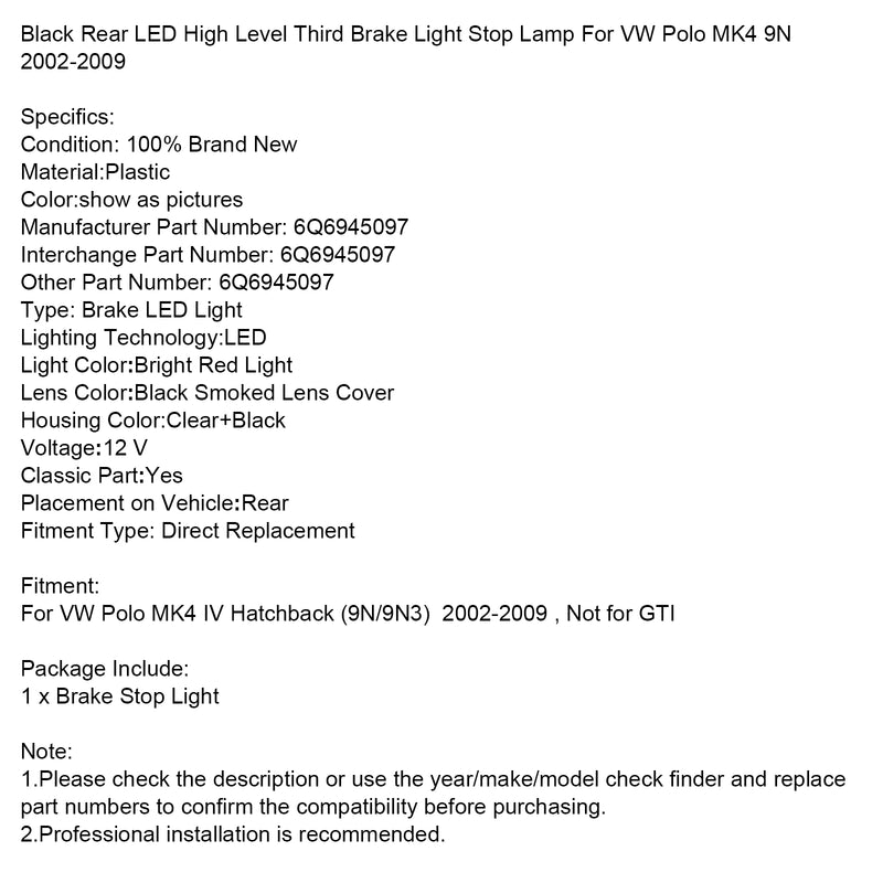 Black Rear High Level Third Brake Light Stop Lamp For VW Polo MK4 9N 2002-2009