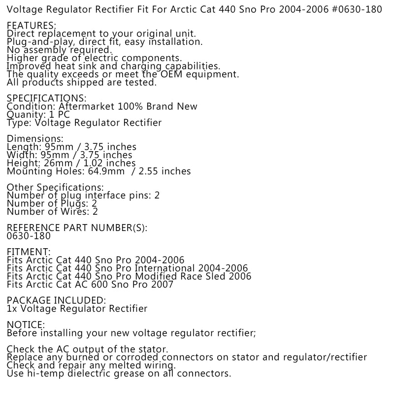 Voltage Regulator Fit for Arctic Cat Sno Pro 440 Snowmobile 2004-2006 0630-180