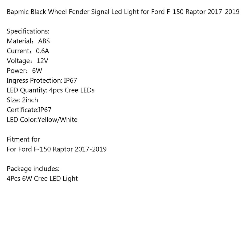 4PCS Ford F-150 Raptor 2017-2019 Bapmic Wheel Fender Signal Led Light
