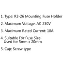 4PCS SCI R3-26 Panel Mount Chassis Fuse Holder For 5x20mm Glass Fuses 10A 250V