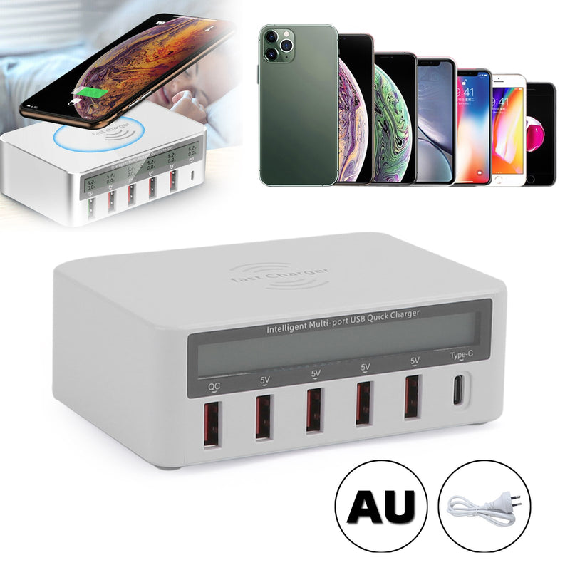 Multiport Quick USB Charger Station With Wireless Charging Pad LCD Display AU