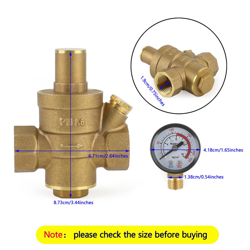 DN15 Brass Adjustable 1/2" Water Pressure Regulator Reducer With Gauge Meter Generic