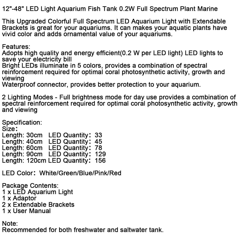 12''-48'' LED Light Aquarium Fish Tank 0.5W Full Spectrum Plant Marine Generic