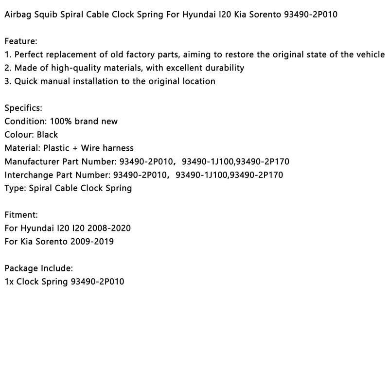 2008-2020 Hyundai I20 I20/2009-2019 Kia Sorento Airbag Squib Spiral Cable Clock Spring 93490-2P010 93490-1J100 93490-2P170