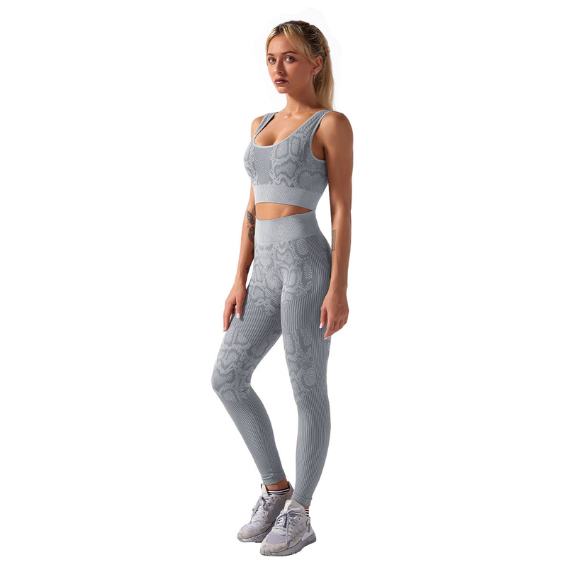 2Pcs Womens Snake Skin Pants Set Lounge Wear Tracksuit Yoga Gym Sport Suit