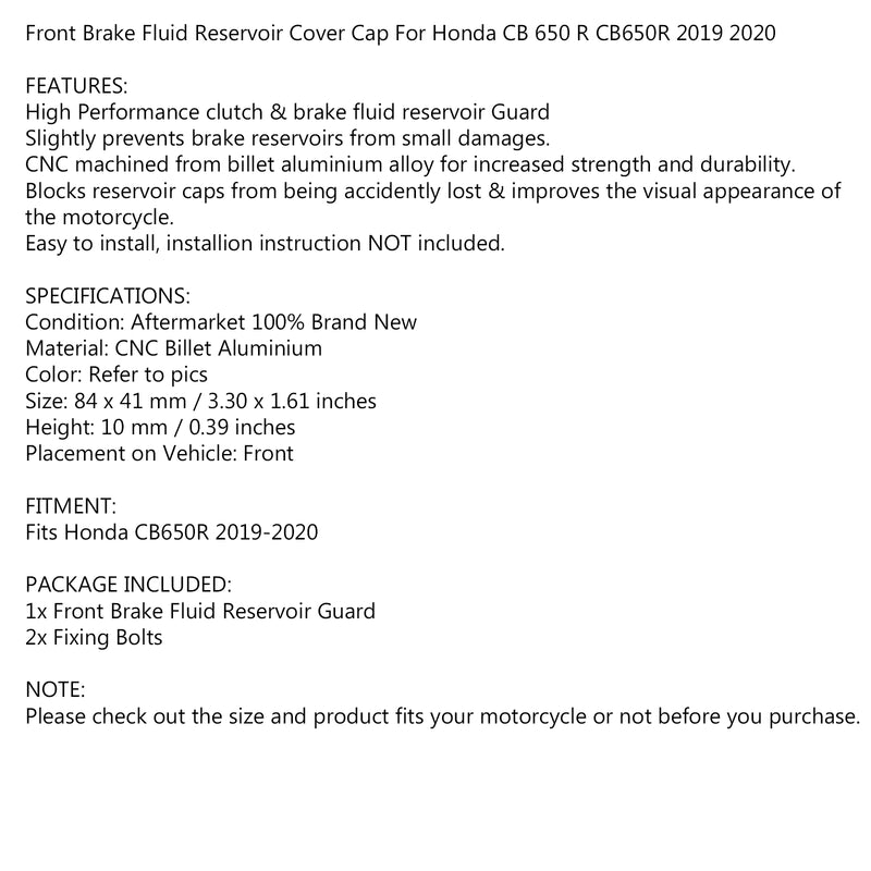 CNC Aluminum Front Brake Reservoir Fluid Cuard for Honda CB650R 2019-2020 Generic