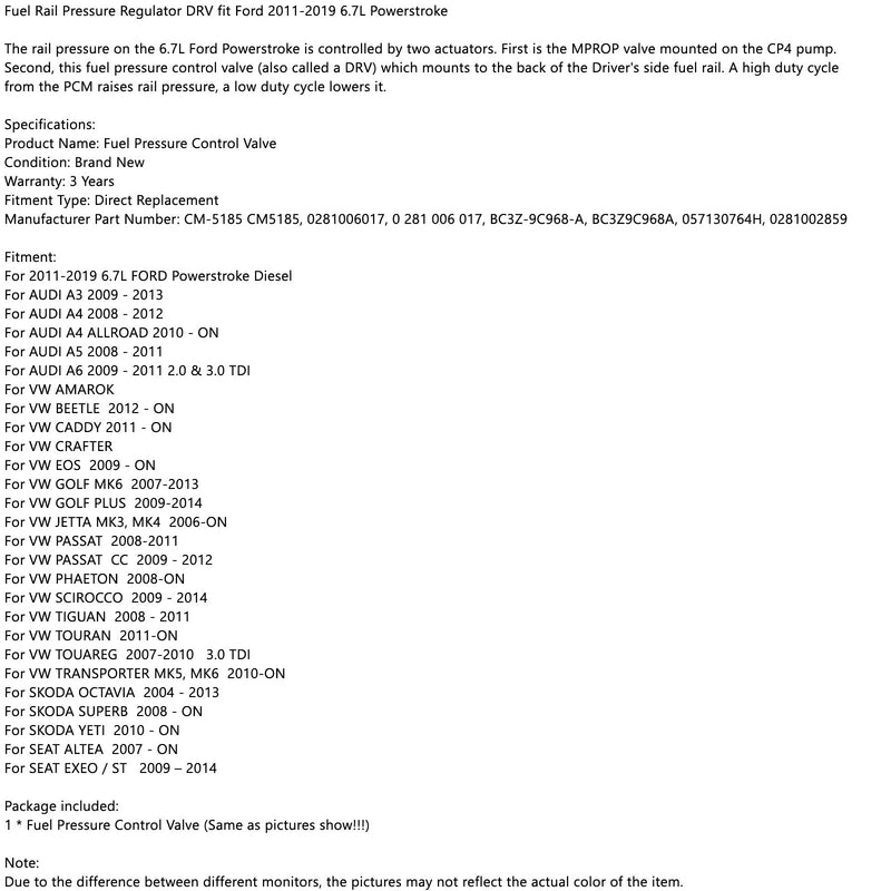 Fuel Rail Pressure Regulator DRV Fit Ford 2011-2019 6.7L Powerstroke 0281006017 Generic