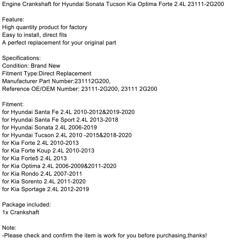 Hyundai Santa Fe 2.4L 2010-2012&2019-2020 Sport 2.4L 2013-2018 Engine Crankshaft for Hyundai Sonata Tucson