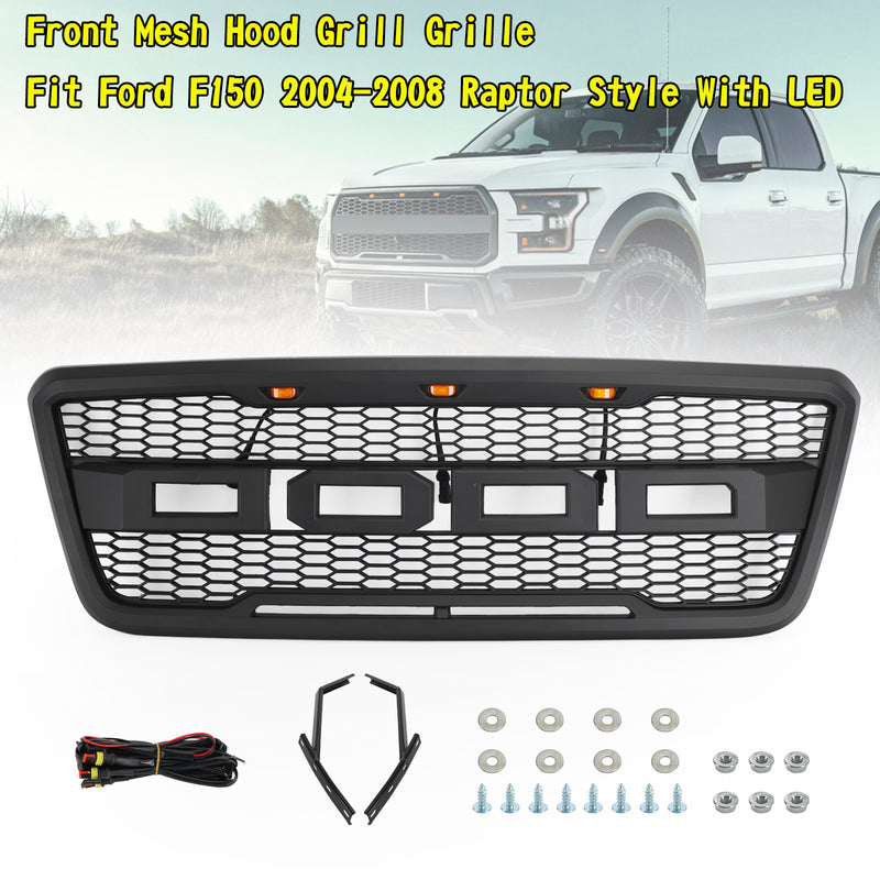 Ford F150 2004-2008 Raptor Style With LED Front Mesh Hood Grill Grille