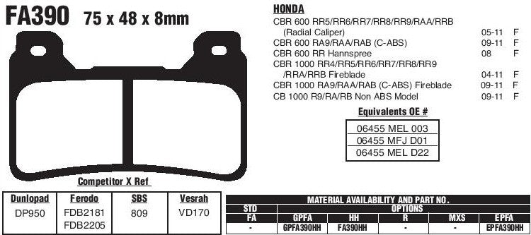 Brake Pads FA390 For HONDA CBR 600 1000 RA9/RAA RR5/RR6/RR7/RR8/RR9 CB 1000 R9 Generic