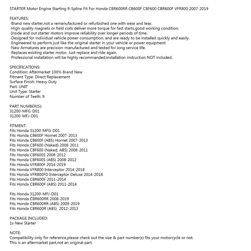 Starter Motor for Honda VFR800 Interceptor 14-2018 CBR600RR 08-19 CB600F 07-13 Generic