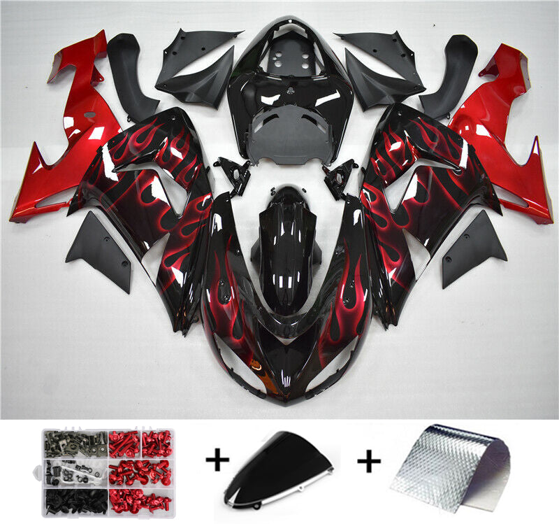 Red Flames Injection Fairing Kit Plastic Fit for Kawasaki ZX10R 2006 2007 Generic