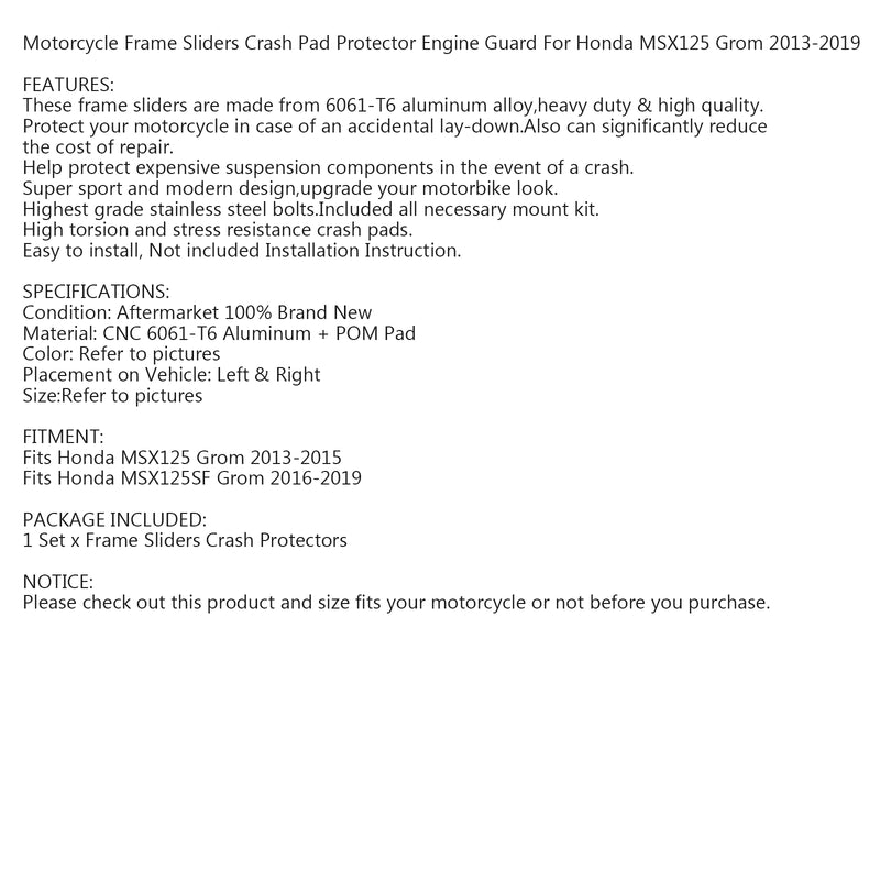 Billet ALU Anti Crash Frame Protector for Honda MSX125 SF Grom 125 2013-2019 Generic
