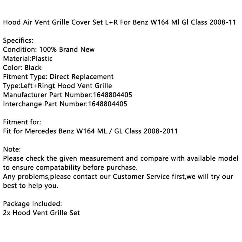 Hood Air Vent Grille Cover Set L+R For Benz W164 Ml Gl Class 2008-11
