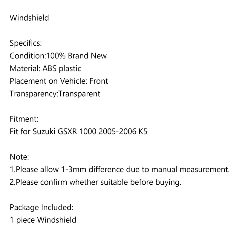 Windshield fit for Suzuki GSXR 1000 2005-2006 K5 Smoke Generic