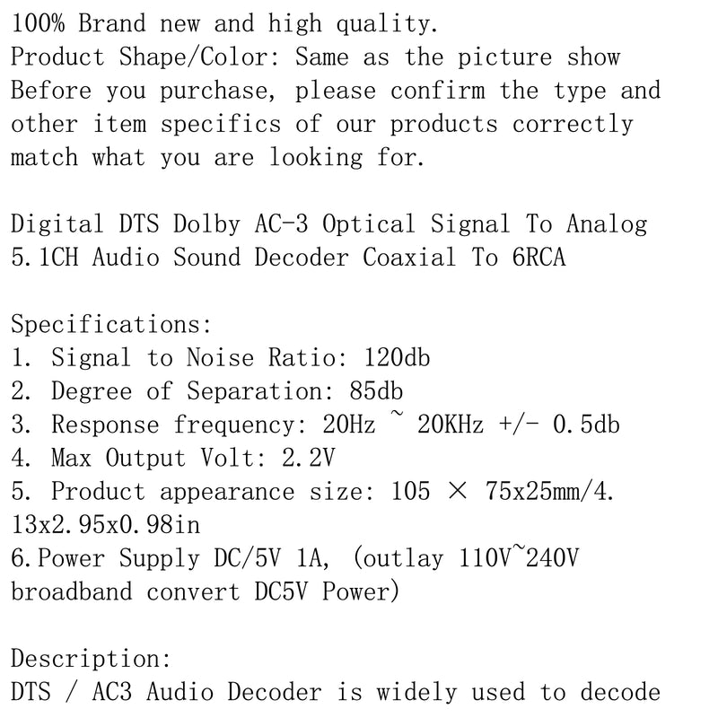 Converter DTS AC3 Source to 5.1 Analog Digital Stereo Audio Decoder US Plug