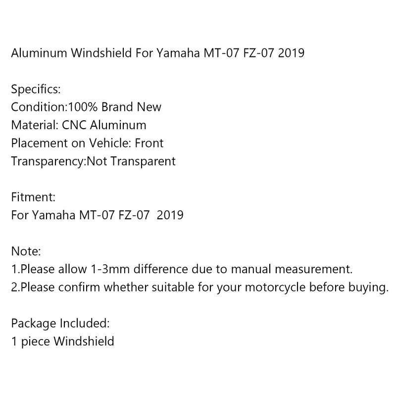 Aluminum Windshield For Yamaha MT-07 2018 2019 Windscreen MT07 CNC Deflector Generic