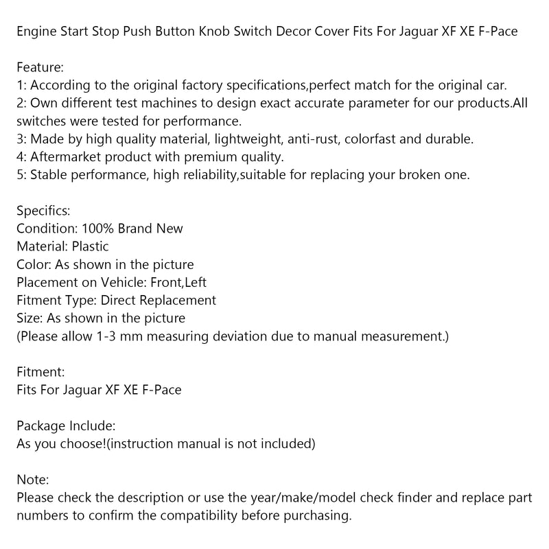 Jaguar XF XE F-Pace Engine Start Stop Push Button Knob Switch Decor Cover