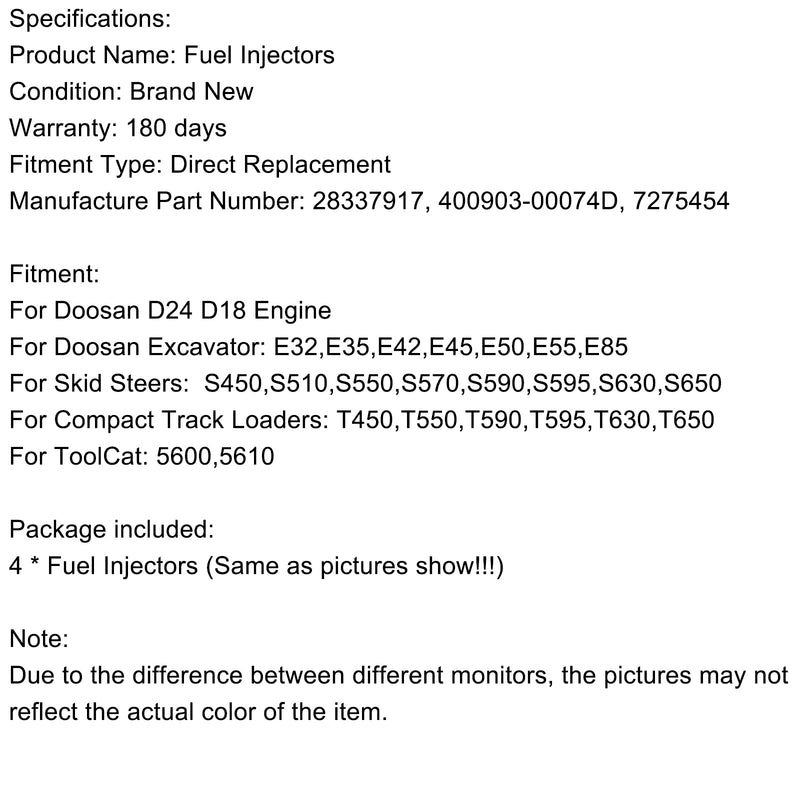 Doosan Excavator: E32,E35,E42,E45,E50,E55,E85 4PCS Fuel Injectors 400903-00074D Generic