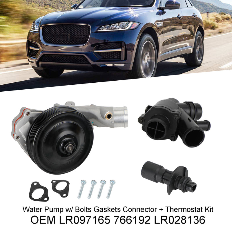 2017-2018 Jaguar F-Pace Water Pump w/ Bolts Gaskets Connector + Thermostat Kit