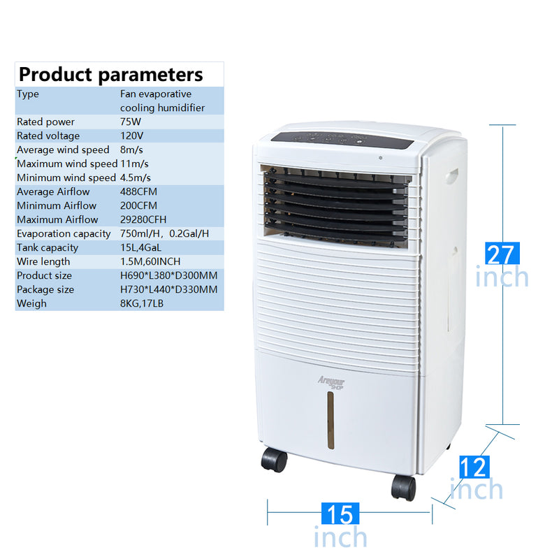Remote-Controlled 15L (4 Gal) Evaporative Air Cooler & Anion Humidifier Fan