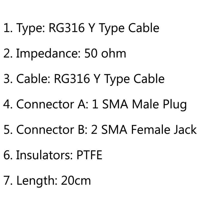 4Pcs 20cm RG316 Y Type 1 SMA Male Plug to 2 SMA Female Jack Branch Pigtail Cable 8in