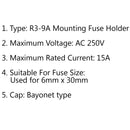 4PCS SCI R3-9A Panel Mount Chassis Fuse Holder For 6x30mm Glass Fuses 15A 250V