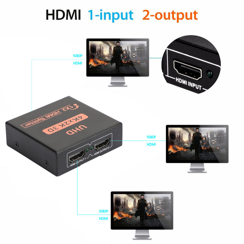 Full HD Dual Display Switcher 4K Splitter HD 1080p HDMI 1X2 Port UHD for HDTV DVD PS3 Xbox US Plug