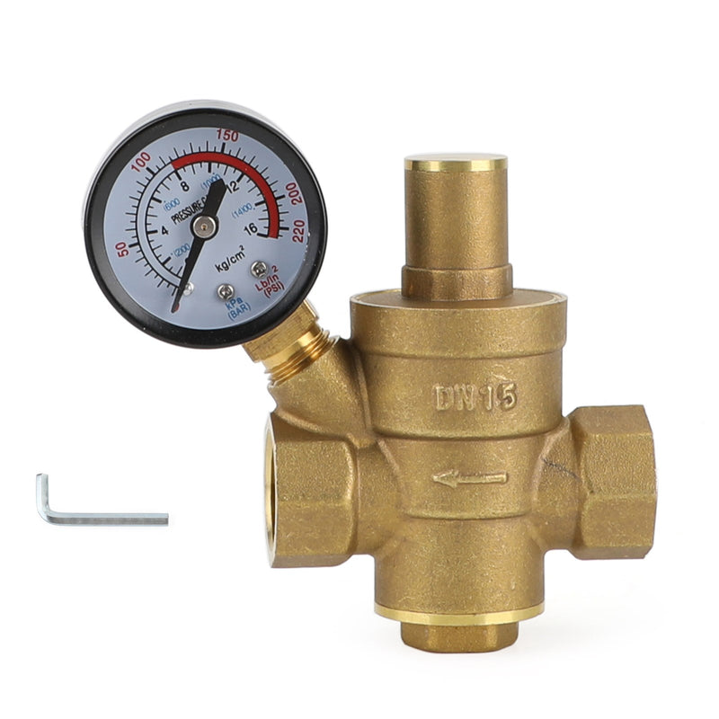 DN15 Brass Adjustable 1/2" Water Pressure Regulator Reducer With Gauge Meter Generic