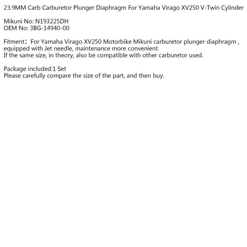 23.9MM Carb Carburetor Plunger Diaphragm For YM Virago XV250 V-Twin Cylinder Generic