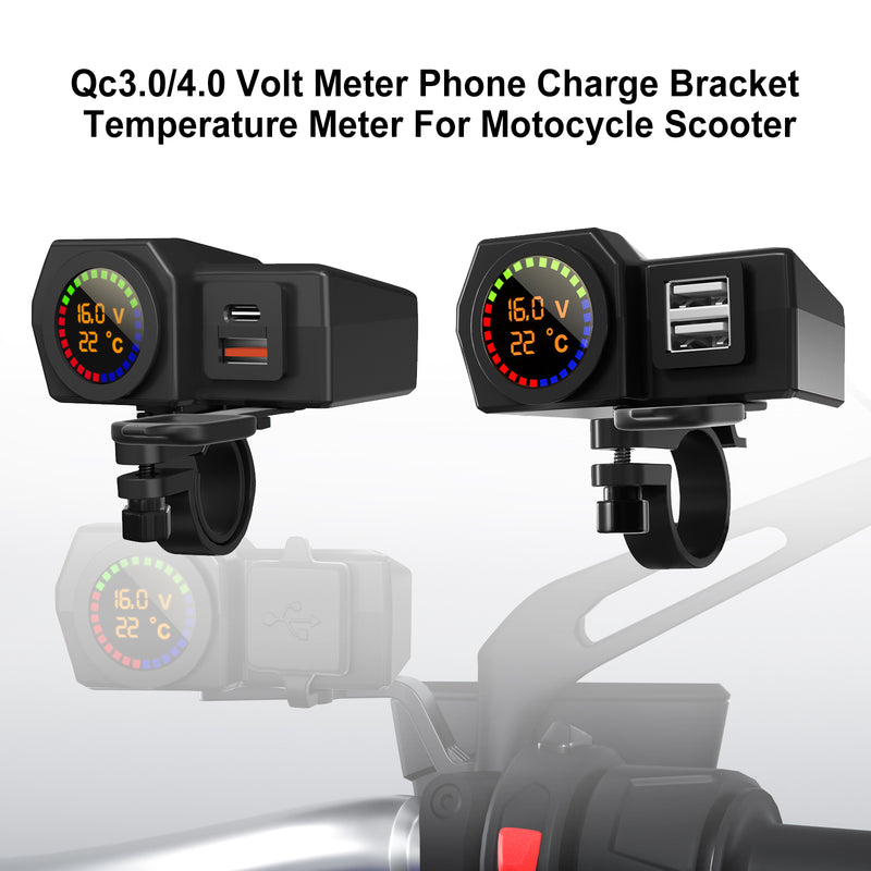 Qc3.0 Volt Meter Phone Charge Bracket Temperature Meter For Motocycle Scooter BlackB Generic