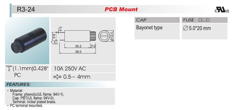 SCI R3-24 Vertical PCB Fuse Holder For 5x20mm Glass Fuses 10A 250V