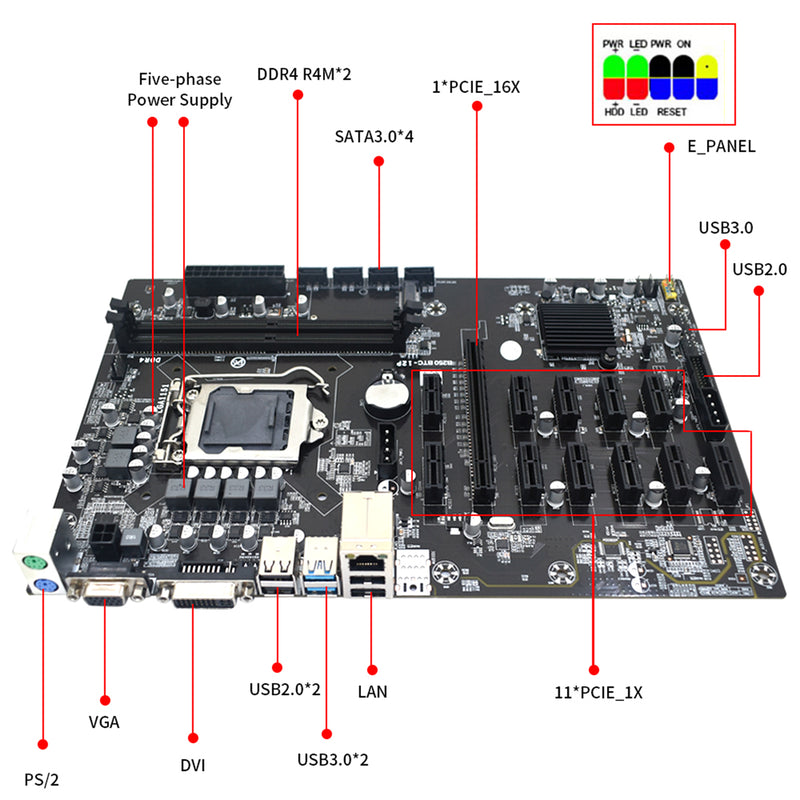 B250C PC Mining Motherboard BTC 12P PCI Express DDR4 for LGA1151 Gen6/7